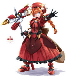 1girl ahoge black_gloves blue_eyes braid braided_ponytail character_name commentary_request copyright_name dress frilled_dress frills full_body gloves graf_eisen grin hair_intakes hammer hat highres holding holding_hammer long_hair looking_at_viewer lyrical_nanoha mahou_shoujo_lyrical_nanoha mahou_shoujo_lyrical_nanoha_a&#039;s orange_hair paid_reward_available reaching reaching_towards_viewer red_dress red_hat red_shoes shoes short_sleeves simple_background smile solo sougetsu_izuki standing vita_(nanoha) white_background