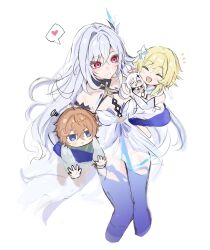 1boy 3girls aged_down ass ass_focus bare_shoulders blonde_hair blue_eyes breasts carrying carrying_person child child_carry closed_mouth dress flower genshin_impact grey_hair h_09ii hair_between_eyes hair_flower hair_ornament highres long_hair looking_at_another lumine_(genshin_impact) multiple_girls orange_hair paimon_(genshin_impact) red_eyes short_hair_with_long_locks sidelocks simple_background skirk_(genshin_impact) tartaglia_(genshin_impact) very_long_hair white_background white_dress white_flower yellow_eyes