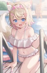 Rule 34 | 1girl, absurdres, alternate costume, animal ear fluff, animal ears, bandaid, bandaid hair ornament, bikini, blonde hair, blue eyes, blurry, blurry background, blush, breasts, collarbone, commentary request, crossed bangs, dog ears, dog girl, dog tail, fang, fingernails, frilled bikini, frills, hair intakes, hair ornament, hairband, hairclip, hand on ground, highres, hololive, hololive english, leg up, looking at viewer, mococo abyssgard, multicolored hair, nail polish, open mouth, pink hair, pink nails, pool, pool ladder, poolside, sasamin, short hair, skin fang, small breasts, smile, solo, spiked hairband, spikes, streaked hair, swimsuit, tail, two side up, virtual youtuber, wet, white bikini, x hair ornament