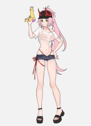1girl alternate_costume bikini blue_hair blush breasts green_eyes hand_on_own_hip highres honkai:_star_rail honkai_(series) horned_hat large_breasts long_hair micro_shorts midriff multicolored_hair nail_polish navel oyasuuu_m paint pink_hair platform_sandals ponytail rappa_(honkai:_star_rail) red_bikini red_nails sandals see-through_clothes see-through_shirt shirt shorts smile streaked_hair swimsuit thong tied_shirt toned toned_female torn_clothes torn_shorts very_long_hair water_gun wet wet_clothes wet_shirt