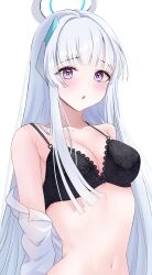 1girl :o absurdres arms_at_sides bare_shoulders black_bra blue_archive blunt_bangs blunt_ends blush bra breasts byakko_0410 cleavage collarbone commentary_request eyelashes halo headgear highres hime_cut long_hair looking_at_viewer mechanical_halo medium_breasts navel noa_(blue_archive) open_mouth purple_eyes sidelocks simple_background solo straight_hair underwear upper_body very_long_hair white_background white_hair white_halo