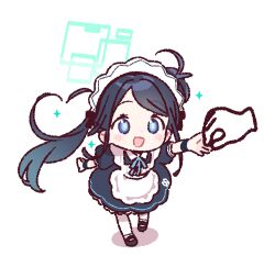 1girl apron aqua_halo aris_(blue_archive) aris_(maid)_(blue_archive) black_dress black_hair black_shoes blue_archive blue_eyes chibi chibi_only commentary_request disembodied_hand dress full_body halo maid_apron maid_headdress official_alternate_costume official_alternate_hairstyle open_mouth pantyhose shoes short_sleeves simple_background solo sparkle standing white_background white_pantyhose yoru_nai