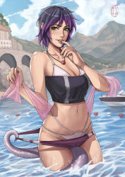 bikini boat breasts clothes_pull dakushido highres one-piece_swimsuit_pull swimsuit tentacles water watercraft