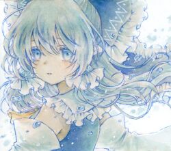 Rule 34 | 1girl, alternate color, ascot, blue bow, blue eyes, blue hair, bow, closed mouth, commentary, detached sleeves, frilled bow, frilled hair tubes, frills, hair bow, hair tubes, hakurei reimu, lily k oekaki, long hair, looking at viewer, painting (medium), solo, tearing up, tears, touhou, traditional media, watercolor (medium), yellow ascot