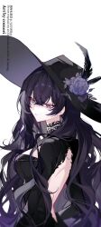 Rule 34 | 1girl, aqua eyes, artist name, backless dress, backless outfit, black dress, black feathers, black hair, black hat, commission, comori, dress, feathers, flower, grey eyes, grey flower, hat, hat feather, hat flower, highres, jewelry, large hat, long hair, multicolored eyes, necklace, original, parted lips, pearl necklace, skeb commission, solo, upper body, watermark, white background