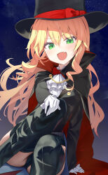 1girl absurdres ass black_boots black_cloak black_hat black_jacket black_leotard black_thighhighs blonde_hair boots bow bowtie cloak commission fang gloves green_eyes hand_on_own_knee hat highres jacket knee_up leotard leotard_under_clothes long_hair looking_at_viewer open_mouth original phantom_thief phantom_thief_(kkmomo67) red_bow red_bowtie red_cloak shirt sitting skeb_commission smile solo thigh_boots thighhighs top_hat two-sided_cloak two-sided_fabric white_gloves white_shirt yamada_auto