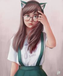 1girl absurdres animal_ears artist_name cat_ears fake_animal_ears female_focus glasses green_skirt hairband highres huge_filesize jin jintawat_puttanawiboon lips looking_at_viewer nose original parted_lips realistic shirt simple_background skirt solo suspender_skirt suspenders tan_background white_shirt