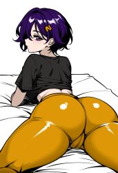 1girl absurdres alternate_eye_color alternate_hair_color ass belle_(zenless_zone_zero) black_shirt closed_mouth cowboy_shot crop_top hair_ornament hairpin high-waist_pants highres latex_pants looking_at_viewer lying mordredpenx on_bed on_stomach orange_pants pants purple_eyes purple_hair shiny_clothes shirt smile t-shirt thighs tight_clothes tight_pants white_background zenless_zone_zero