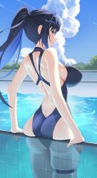 1girl absurdres ass blue_eyes blue_hair blue_one-piece_swimsuit blue_sky breasts cloud commentary criss-cross_back-straps day english_commentary from_behind highres hololive hololive_english holonatsu_paradise large_breasts long_hair looking_at_viewer looking_back median_furrow official_alternate_costume one-piece_swimsuit ouro_kronii ouro_kronii_(holonatsu_paradise) outdoors partially_submerged ponytail pool shoulder_blades sideboob sky solo swimsuit thigh_strap virtual_youtuber water yubbiidraw