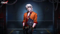 1boy against_wall belt black_belt black_gloves black_hair black_necktie black_pants chain character_name collared_shirt colored_tips copyright_name cowboy_shot gloves grey_eyes hand_in_pocket highres holding holding_sign indoors jacket levy_(path_to_nowhere) logo looking_at_viewer male_focus medium_hair mugshot multicolored_hair necktie official_art official_wallpaper open_clothes open_jacket open_mouth orange_jacket pants partially_unbuttoned path_to_nowhere prison_cell prison_clothes red_shirt round_eyewear shirt sign sleeves_pushed_up solo sunglasses teeth tongue v-shaped_eyebrows white_hair