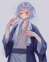 1boy black_eyes blush bottle dungeon_meshi elf grey_background grey_eyes grey_hair heterochromia holding holding_bottle japanese_clothes kimono lazy_eye long_sleeves looking_at_viewer male_focus mithrun miya_dnms obi pointy_ears sash short_hair simple_background solo sweat towel towel_around_neck uneven_eyes upper_body wavy_hair yukata