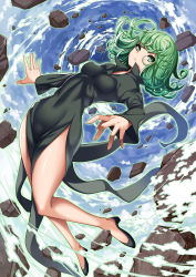1girl absurdres black_dress black_shoes blue_sky closed_mouth covered_navel day dress female_focus flipped_hair floating frown full_body green_eyes green_hair high_heels highres impossible_clothes impossible_dress long_sleeves looking_at_viewer matching_hair/eyes one-punch_man open_m/ rock shoes short_hair side_slit sky solo spiral takanashi-a tatsumaki telekinesis