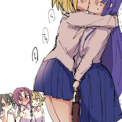 5girls blonde_hair blue_hair blue_skirt blush commentary french_kiss furude_rika grey_eyes grey_hair hand_on_own_face higurashi_no_naku_koro_ni higurashi_no_naku_koro_ni_gou houjou_satoko kiss long_skirt miniskirt multiple_girls numachi_doromaru open_mouth purple_eyes purple_hair school_uniform shirt simple_background skirt st._lucia_academy_school_uniform surprised sweat sweatdrop trembling white_background white_shirt wide-eyed yellow_eyes yuri