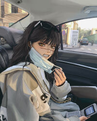 1girl absurdres angry black_hair car car_interior cellphone chainsaw_man clenched_teeth cross_scar eyewear_on_head facial_scar flip_phone highres hood hooded_jacket jacket long_hair looking_at_viewer mask mask_pull motor_vehicle mouth_mask phone removing_mask ringed_eyes scar scar_on_cheek scar_on_face solo sunglasses surgical_mask taorotana teeth upper_body yellow_eyes yoru_(chainsaw_man)
