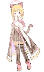 1girl ankle_boots black_skirt black_thighhighs blonde_hair blue_archive boots bow cat_tail full_body hair_bow halo jacket looking_at_viewer low_twintails momoi_(blue_archive) off_shoulder pink_boots pink_eyes pink_halo pleated_skirt shinbashi_seiji short_hair simple_background sketch skirt solo tail thighhighs twintails white_background white_jacket