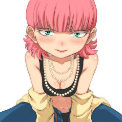 1girl belt black_bra black_panties blue_pants blush bra breasts brown_belt cleavage collarbone denim green_eyes gundam highres jacket jeans jewelry leaning_forward long_sleeves looking_at_viewer navel necklace off-shoulder_jacket off_shoulder open_clothes open_fly open_jacket open_mouth panties pants pearl_necklace pink_hair sarah_zabiarov short_hair sitting small_breasts smile t_jiroo_(ringofriend) underwear white_background yellow_jacket zeta_gundam