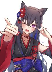 1girl \n/ absurdres black_hair black_kimono black_sleeves blue_bow blue_hair blue_sash blush bow commentary detached_sleeves dot_nose double_\n/ english_commentary flower hair_between_eyes hair_flower hair_ornament highres ichinose_uruha ichinose_uruha_(3rd_costume) japanese_clothes kimono layered_clothes layered_kimono long_hair long_sleeves looking_at_viewer miko multicolored_hair nail_polish neck_ribbon obi one_eye_closed open_mouth purple_eyes red_flower red_kimono red_nails red_ribbon red_sash red_sleeves ribbon ribbon-trimmed_sleeves ribbon_trim sash simple_background sleeveless sleeveless_kimono solo sowon_(sowonhae) straight_hair upper_body virtual_youtuber vspo! white_background