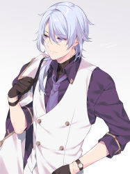 Rule 34 | 1boy, asymmetrical hair, black gloves, black shirt, blue hair, closed mouth, collared shirt, genshin impact, gloves, gold trim, gradient background, grey background, hair between eyes, hair over shoulder, hand up, highres, jacket, jacket on shoulders, kamisato ayato, layered clothes, looking to the side, male focus, medium hair, mole, mole under mouth, necktie, official alternate costume, parted bangs, purple eyes, purple jacket, purple necktie, purple shirt, shirt, simple background, solo, soranomonooki, turtleneck, turtleneck shirt, twitter username, upper body, vest, watch, white background, white vest, wristwatch