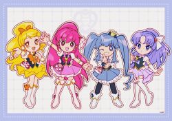 Rule 34 | 4girls, aino megumi, arm up, asymmetrical skirt, back bow, black shirt, black thighhighs, black vest, blonde hair, blue border, blue bow, blue eyes, blue hair, blue skirt, blue wrist cuffs, boots, border, bow, bowtie, bright pupils, brooch, circle skirt, clenched hand, collared vest, commentary, crown, cure fortune, cure honey, cure lovely, cure princess, deformed, determined, dot nose, dotted line, earrings, eyelashes, feather sleeves, finger gun, floating clothes, footwear bow, frilled skirt, frilled sleeves, frilled vest, frilled wrist cuffs, frills, full body, gold crown, grey background, grid background, grin, hair between eyes, hair bow, hair ornament, hair ribbon, hand on own chest, happinesscharge precure!, happy, heart, heart brooch, heart earrings, heart hair ornament, high heel boots, high heels, high ponytail, highres, hikawa iona, jewelry, knee boots, lace, lace-trimmed shirt, lace trim, lapels, legs apart, light blush, long hair, looking at viewer, magical girl, medium skirt, mini crown, miniskirt, multiple girls, notched lapels, one eye closed, oomori yuuko, open mouth, orange bow, orange bowtie, orange eyes, outline, outside border, outstretched arm, outstretched arms, own hands together, parted bangs, parted lips, pink bow, pink eyes, pink hair, pink skirt, pleated skirt, pleated sleeves, ponytail, precure, puffy short sleeves, puffy sleeves, purple bow, purple bowtie, purple eyes, purple hair, purple skirt, ribbon, ringlets, shirayuki hime, shirt, short sleeves, sidelocks, signature, skirt, smile, standing, straight-on, tareme, teeth, thigh boots, thighhighs, tsurime, twintails, upper teeth only, uwded 207, v-shaped eyebrows, very long hair, vest, waist bag, watch, wavy hair, white arm warmers, white bag, white boots, white bow, white outline, white pupils, white ribbon, white sleeves, white wrist cuffs, wrist cuffs, wristwatch, yellow arm warmers, yellow bow, yellow skirt