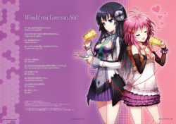 2girls :d absurdres an2a apple_inc. artist_name bare_shoulders black_eyes black_hair blue_eyes breasts closed_eyes cup detached_sleeves frilled_skirt frills hair_ornament headphones heart heart_of_string highres holding long_hair lyrics multiple_girls music necktie open_mouth original phone pink_hair polka_dot scan scissors singing siri skirt smile star_(symbol) string string_of_fate string_phone