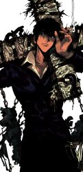 1boy absurdres arm_up black_eyes black_hair black_jacket black_pants chain cigarette closed_mouth collarbone collared_shirt cowboy_shot cross_punisher highres holding holding_cigarette jacket large_cross male_focus my_nameisyoon nicholas_d._wolfwood pants shirt short_hair solo standing trigun white_background white_shirt