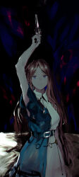 1girl absurdres arm_up bang_dream! bang_dream!_it&#039;s_mygo!!!!! blue_eyes brown_hair chinese_commentary closed_mouth commentary_request dress gun handgun highres holding holding_gun holding_weapon lemtun long_hair nagasaki_soyo revolver short_sleeves sidelocks solo weapon white_dress