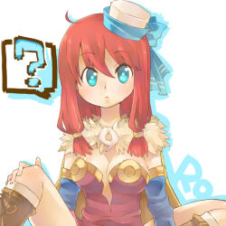 1girl ? ahoge alchemist_(ragnarok_online) blue_eyes blue_sleeves blush boots breasts brown_boots brown_cape cape cleavage closed_mouth commentary_request copyright_name detached_sleeves dress expressionless feet_out_of_frame fur_collar hat long_hair looking_at_viewer medium_breasts pillbox_hat purple_dress ragnarok_online red_hair simple_background solo sora-mame spoken_question_mark strapless strapless_dress white_background white_hat