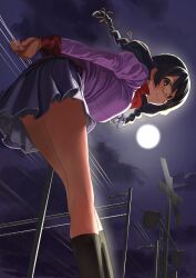 1girl absurdres arms_behind_back bent_over black_hair black_socks blush braid breasts closed_mouth cloud feet_out_of_frame from_behind from_below full_moon glasses hanekawa_tsubasa highres large_breasts leaning_forward long_hair long_sleeves looking_at_viewer monogatari_(series) moon moonlight naoetsu_high_school_uniform night night_sky outdoors own_hands_together pink_shirt pleated_skirt power_lines puffy_sleeves purple_eyes purple_skirt railroad_crossing railroad_signal ribbon round_eyewear school_uniform shirt skindentation skirt sky smile socks solo thighs twin_braids yellow_ribbon zyaki