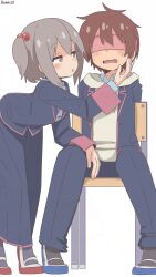 2boys 2girls artist_name bambi2000line black_jacket black_pants black_skirt black_socks blindfold blush brown_eyes brown_hair chair commentary covered_eyes crossdressing crossdressing_(mtf) grey_hair hair_between_eyes hair_bobbles hair_ornament hand_on_another&#039;s_cheek hand_on_another&#039;s_face highres hood hoodie jacket leaning_forward long_skirt long_sleeves male_focus multiple_boys multiple_girls one_side_up onii-chan_wa_oshimai! open_clothes open_jacket open_mouth pants sakurada_yuuta school_chair senkawa_minato shoes simple_background sitting skirt socks trap uwabaki wavy_mouth white_background yaoi