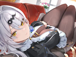 Rule 34 | 1boy, 1girl, black jacket, black pantyhose, blush, bodystocking, boutonniere, breasts, closed mouth, couch, flower on chest, frilled leotard, frills, hair ornament, hairclip, jacket, large breasts, leotard, long hair, looking at viewer, lying, on back, on couch, on person, pantyhose, pov, sitting sideways, solo, tomas (kaosu22), white hair, wise (soaring crane) (zenless zone zero), wise (zenless zone zero), yellow eyes, yixuan (trails of ink) (zenless zone zero), yixuan (zenless zone zero), zenless zone zero