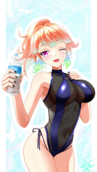 Rule 34 | 1girl, ;d, absurdres, aqua hair, black nails, blue one-piece swimsuit, bottle, breasts, covered navel, cowboy shot, earrings, feather earrings, feathers, high ponytail, highres, holding, holding bottle, hololive, jewelry, large breasts, mito x shark, multicolored hair, official alternate costume, official alternate hairstyle, one-piece swimsuit, one eye closed, open mouth, orange hair, perfume (takanashi kiara), ponytail, see-through cleavage, see-through clothes, smile, solo, streaked hair, swimsuit, takanashi kiara, thighs, virtual youtuber, water bottle