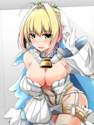 1girl bent_over blonde_hair blue_cape cape chain chain_necklace commentary_request cowboy_shot detached_collar detached_sleeves fate/grand_order fate_(series) flower garter_belt gloves green_eyes groin hair_flower hair_intakes hair_ornament jewelry kiki_(koikuchikinako) leotard lock navel necklace nero_claudius_(bride)_(fate) nero_claudius_(bride)_(second_ascension)_(fate) nero_claudius_(fate) padlock solo strapless strapless_leotard unzipped white_gloves white_leotard