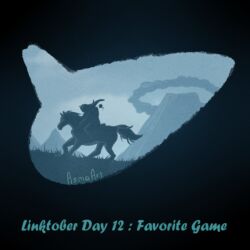 1boy asma_art epona fairy from_side full_body grass hat highres horse horseback_riding instrument link navi nintendo ocarina outdoors riding silhouette solo the_legend_of_zelda the_legend_of_zelda:_ocarina_of_time volcano