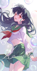 Rule 34 | 1girl, :d, absurdres, black hair, blurry, blurry foreground, blush, brown eyes, bubble, chromatic aberration, cloudyman, commentary request, cowboy shot, dated, depth of field, floating hair, green sailor collar, green skirt, highres, higurashi kagome, inuyasha, long hair, long sleeves, midriff, mixed-language commentary, navel, neckerchief, open mouth, orange eyes, pleated skirt, red neckerchief, sailor collar, school uniform, shirt, skirt, smile, solo, white shirt