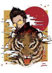 1boy animal animal_focus black_hair border closed_mouth cloud coat confetti highres no_more_heroes open_mouth red_coat red_sun scar scar_across_eye scar_on_face short_hair shuu_(272100) smile sunglasses tiger tinted_eyewear travis_touchdown white_border yellow-tinted_eyewear