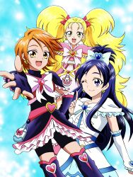 3girls absurdres anime_coloring bag_bow belt belt_bag belt_buckle black_arm_warmers black_dress black_gloves black_leg_warmers black_shorts blonde_hair blue_bag blue_belt blue_brooch blue_sky bow bowtie brooch buckle closed_mouth cloud collarbone commentary_request cowboy_shot cure_black cure_white day dress earrings eyelashes feather-trimmed_dress feather-trimmed_sleeves fingerless_gloves forehead frilled_dress frilled_sleeves frills futari_wa_precure futari_wa_precure_max_heart gloves gold_buckle gold_earrings hair_bow hair_ornament hand_on_own_hip heart heart-shaped_buckle heart_brooch heart_earrings heart_hair_ornament high_ponytail highres jewelry kujou_hikari leg_warmers light_particles long_hair long_sidelocks looking_at_viewer magical_girl medium_dress messy_hair misumi_nagisa multiple_girls offering_hand one_eye_closed open_mouth orange_hair outdoors outstretched_arm outstretched_arms pink_belt pink_bow pink_bowtie pink_brooch pink_dress pointing pointing_up ponytail precure purple_eyes purple_hair raina_(14758801) red_vest ribbon shiny_luminous short_dress short_hair short_ponytail short_sleeves shorts shorts_under_dress sidelocks sky smile swept_bangs turtleneck turtleneck_dress twintails two-tone_bag very_long_hair vest waist_ribbon white_arm_warmers white_bag white_bow white_bowtie white_dress yellow_eyes yellow_ribbon yukishiro_honoka