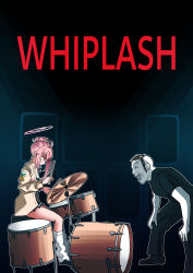 1boy 1girl absurdres black_pants black_shirt black_shoes black_skirt blue_archive cardigan commentary doodle_sensei_(blue_archive) drum drum_set drumsticks english_commentary halo highres holding holding_drumsticks i-nn instrument long_sleeves loose_socks miniskirt music natsu_(band)_(blue_archive) natsu_(blue_archive) official_alternate_costume open_mouth pants parody pink_hair pink_halo playing_instrument pleated_skirt poster_parody red_eyes sensei_(blue_archive) shirt shoes short_sleeves sitting skirt socks sweat t-shirt whiplash_(2014_movie) white_shirt white_socks yellow_cardigan