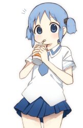 Rule 34 | 1girl, blue eyes, blue hair, blue necktie, blue skirt, collared shirt, commentary request, cowboy shot, cube hair ornament, cup, drinking, hair ornament, highres, holding, holding cup, light blush, looking at viewer, miniskirt, naganohara mio, naganoharamiomio, necktie, nichijou, notice lines, plaid clothes, plaid skirt, school uniform, shirt, short hair, short sleeves, short twintails, simple background, skirt, solo, standing, summer uniform, tokisadame school uniform, twintails, white background, white shirt