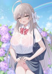 1girl ahoge bag black_bag black_skirt blue_sky blush bow bow_panties bowtie bra braid breasts buttons clothes_lift cloud collared_shirt commentary flower grey_hair hair_between_eyes hair_bow highres hydrangea kurumi_lm large_breasts long_hair looking_at_viewer open_mouth original panties pink_bra pink_panties rainbow red_bow red_bowtie see-through_clothes see-through_shirt shirt shirt_tucked_in short_sleeves shoulder_bag side_braid skirt skirt_lift sky smile solo standing thighs underwear very_long_hair wet wet_clothes white_bow white_shirt yellow_eyes