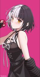 1girl :/ absurdres artist_name belt black_belt black_choker black_dress black_hair blush breasts chest_belt choker cleavage closed_mouth dress earclip from_side furrowed_brow grey_hair hair_ornament hand_up highres holding holding_scissors hololive hololive_english large_breasts long_hair looking_at_viewer multicolored_hair n3rooh pink_background scissors shiori_novella shiori_novella_(1st_costume) simple_background sleeveless sleeveless_dress solo split-color_hair striped_arm_warmers two-tone_hair upper_body virtual_youtuber yellow_eyes