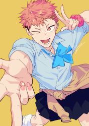 black_skirt blue_bow blue_bowtie bow bowtie bracelet clothes_around_waist crossdressing hair_ornament itadori_yuuji jewelry juju_net jujutsu_kaisen kneehighs looking_at_viewer male_focus nail_polish one_eye_closed open_mouth pink_eyes pink_nails short_hair signature simple_background skirt smile socks spiked_hair sweater sweater_around_waist undercut v x_hair_ornament yellow_background