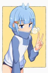 Rule 34 | 1girl, blue buruma, blue eyes, blue hair, blush, buruma, carrot hair ornament, covered mouth, dot nose, food-themed hair ornament, gym uniform, hair ornament, itsumo hokuto, jacket, long sleeves, looking at viewer, medium hair, shakunetsu no takkyuu musume, simple background, solo, standing, tanuki noyama, track jacket, v, yellow background