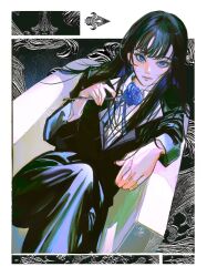 1girl ado_(utaite) black_hair black_jacket black_pants blue_eyes blue_flower blue_rose chando_(ado) closed_mouth commentary flower hashtag-only_commentary highres holding holding_flower jacket john_kafka long_hair long_sleeves no_mole pants rose shirt solo white_shirt