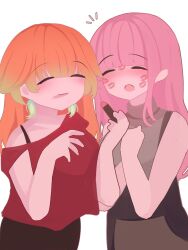 2girls alternate_costume blush breasts couple earrings feather_earrings feathers highres hololive hololive_english jewelry large_breasts lipstick_mark long_hair mori_calliope multicolored_hair multiple_girls open_mouth pink_hair takanashi_kiara viqur virtual_youtuber white_background yuri