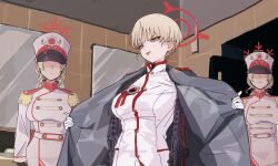 3girls blonde_hair blue_archive breasts buttons clich51368861 closed_mouth coat commentary_request epaulettes faceless faceless_female fringe_trim frown gloves grey_coat gun halo hat indoors jacket large_breasts looking_ahead marina_(blue_archive) medal military_uniform mirror multiple_girls open_clothes open_coat open_mouth opened_by_self parody pixie_cut ppsh-41 red_winter_guard_(blue_archive) public_restroom scene_reference shako_cap short_hair smile smug standing submachine_gun the_death_of_stalin upper_body v-shaped_eyebrows very_short_hair weapon white_gloves white_hat white_jacket yellow_eyes