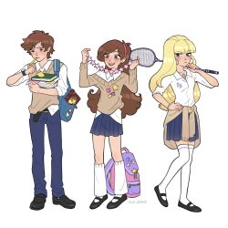 1boy 2girls backpack badge bag belt belt_buckle birthmark black_shoes blonde_hair blue_bag blue_eyes blue_pants blue_skirt blunt_bangs book bracelet brother_and_sister brown_eyes brown_hair brown_sweater buckle button_badge clothes_around_waist collared_shirt dipper_pines earrings elle_draws eyelashes eyeshadow facial_mark forehead_mark freckles garland_(decoration) gravity_falls hairband heart heart_necklace highres holding holding_book holding_tennis_racket initial jewelry leg_warmers light_frown long_hair long_sleeves looking_at_watch mabel_pines makeup mouth_hold multiple_girls narrow_waist necklace open_collar over_shoulder pacifica_northwest pants patchwork_clothes pearl_bracelet pencil pink_bag pink_hairband pleated_skirt purple_bag purple_eyeshadow purple_nails school_uniform shirt shoes short_hair siblings skirt sleeveless sleeveless_sweater sleeves_rolled_up socks sweatdrop sweater sweater_vest thighhighs twins two-tone_bag watch wavy_hair white_leg_warmers white_socks white_thighhighs wristwatch zettai_ryouiki