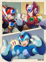 Rule 34 | !, !!, 3boys, android, armor, axl (mega man), black armor, blonde hair, blue eyes, blue helmet, brown hair, chest jewel, clenched teeth, cross scar, en dorzer, forehead jewel, green eyes, helmet, long hair, male focus, mega man (series), mega man x (series), mega man zero (series), multiple boys, open mouth, ponytail, red armor, red helmet, salute, scar, scar on face, smile, spiked hair, teeth, two-finger salute, upper body, x (mega man), zero (mega man)