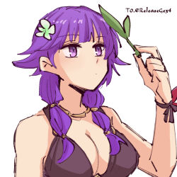 1girl alonemistrist bare_shoulders bikini black_bikini breasts cleavage closed_mouth commentary english_commentary fire_emblem fire_emblem:_the_sacred_stones fire_emblem_heroes flower hair_flower hair_ornament large_breasts looking_up lute_(fire_emblem) lute_(summer)_(fire_emblem) nintendo official_alternate_costume purple_eyes purple_hair solo swimsuit white_background