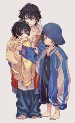 3boys age_regression aged_down ahoge bare_legs barefoot baseball_cap black_hair blue_eyes brothers buster_bros!!! carrying child child_carry denim full_body furrowed_brow green_eyes grey_background hair_between_eyes hand_on_another&#039;s_arm hat hat_over_one_eye heterochromia highres hood hoodie hypnosis_mic jacket jacket_over_hoodie jeans letterman_jacket light_frown looking_at_viewer male_focus mole mole_under_eye mole_under_mouth multiple_boys multiple_moles oversized_clothes pants parted_bangs parted_lips raised_eyebrows red_eyes short_hair siblings simple_background sleeves_past_fingers sleeves_past_wrists takako_(katakoto) white_hoodie yamada_ichiro yamada_jiro yamada_saburo yellow_eyes yellow_hoodie