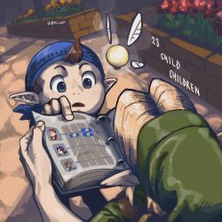 2boys anju_(zelda) bandana blue_eyes bombers brown_hair fairy flower from_above gus_uur hat kafei link man_from_the_curiosity_shop multiple_boys nintendo notebook open_mouth outdoors planter pointing pointy_ears tatl the_legend_of_zelda the_legend_of_zelda:_majora&#039;s_mask